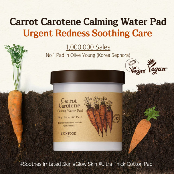 SKINFOOD Carrot Carotene Calming Water Pad 250g (8.81 oz.) 60 Sheets- Redness Relief Soothing Facial Cotton Pads for Sensitive Skin, Vegan, Cruelty Free, Dermatologically Tested
