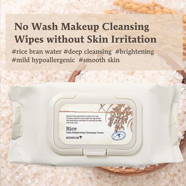 SKINFOOD Rice Cleansing Wipes - Daily Hypoallergenic Rice Nourishing Makeup Remover Tissue Wipe - Facial Skin Clear & Refreshed - Korean Beauty Face Wipes for Women - Travel Makeup Wipes (80 Sheets)