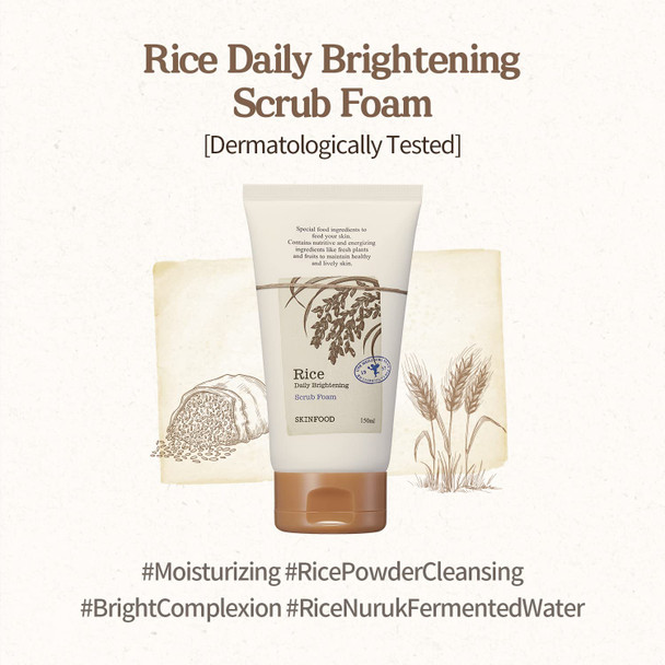 SKINFOOD Rice Daily Scrub Foam 5.07 oz. (150ml) - Hypoallergenic Micro Fine Rice Bran Facial Scrub Foaming Cleanser, Skin Exfoliating with Dense Foam - Exfoliating Face Scrub - Sensitive Skin Scrub