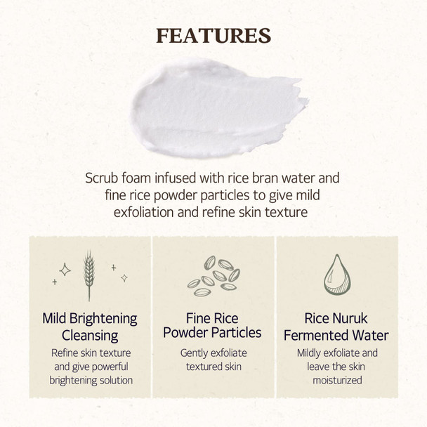 SKINFOOD Rice Daily Scrub Foam 5.07 oz. (150ml) - Hypoallergenic Micro Fine Rice Bran Facial Scrub Foaming Cleanser, Skin Exfoliating with Dense Foam - Exfoliating Face Scrub - Sensitive Skin Scrub