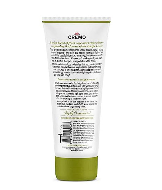 Cremo Barber Grade Sage & Citrus Shave Cream, Astonishingly Superior Ultra-Slick Shaving Cream Fights Nicks, Cuts and Razor Burn, 6 Fl Oz