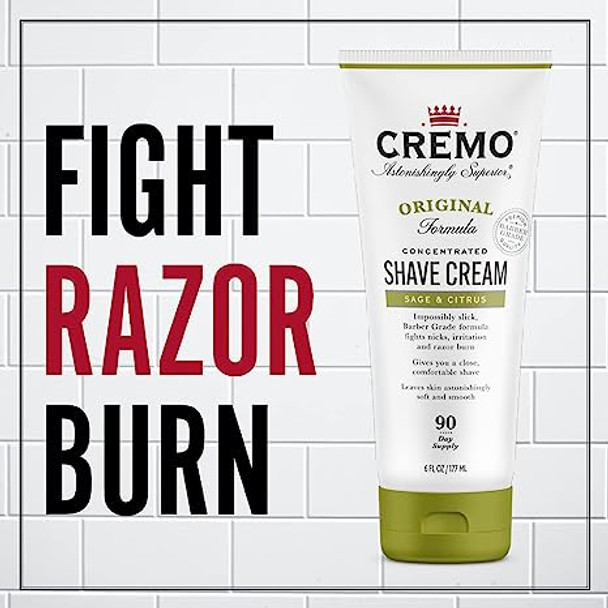 Cremo Barber Grade Sage & Citrus Shave Cream, Astonishingly Superior Ultra-Slick Shaving Cream Fights Nicks, Cuts and Razor Burn, 6 Fl Oz