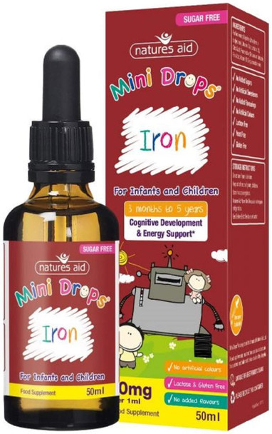 Natures Aid Iron Mini Drops for Infants and Children, Cognitive Development, Sugar Free, 50 ml (Pack of 6)