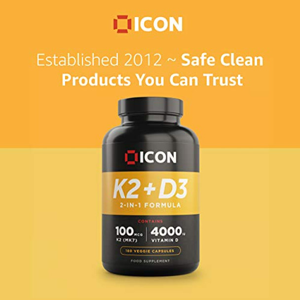 ICON Nutrition Vitamin D3 4000 iu + K2 (2-in-1 Formula) 180 Veggie Capsules 6 Month Supply