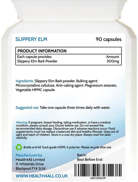 Slippery Elm 300mg 90 Capsules (V) Digestive Health. Acid Reflux Support. Vegan. Made in The UK by Health4All