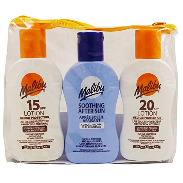 Malibu Sun Protection Travel Set 100ml SPF15 Lotion + 100ml SPF20 Lotion + 100ml Soothing After Sun Lotion + Bag