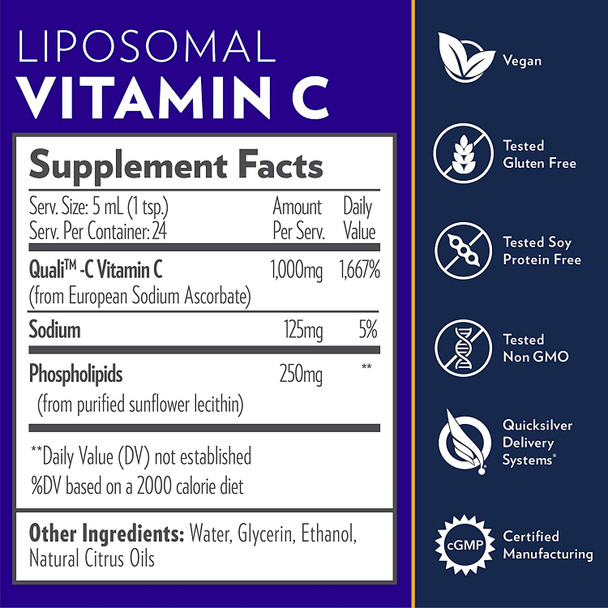 Quicksilver Scientific Liposomal Vitamin C - 1000mg Buffered Liquid Vitamin C Supplement - Antioxidant + Immune Support - Liposomes for Superior Delivery & Absorption - Vegan + Non-GMO (4oz / 120ml)