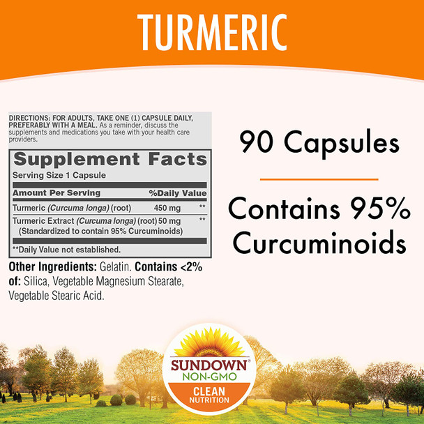 Turmeric Supplements by Sundown, for Antioxidant Health, Standardized Turmeric Extract, Non-GMOˆ, Free of Gluten, Dairy, Artificial Flavors, 500 mg, 90 Capsules