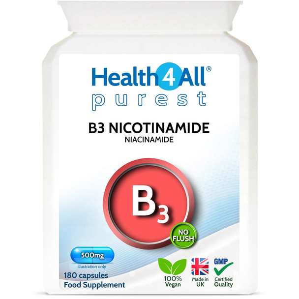 Vitamin B3 Nicotinamide (Niacinamide) 500mg 180 Capsules (V) Purest- no additives. Vegan. No-Flush Niacinamide. Made in The UK by Health4All