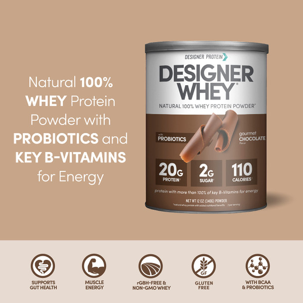 Designer Wellness Designer Whey Natural Whey Protein Powder with Probiotics Fiber and Key B Vitamins for Energy Gluten Free Gourmet Chocolate 12oz