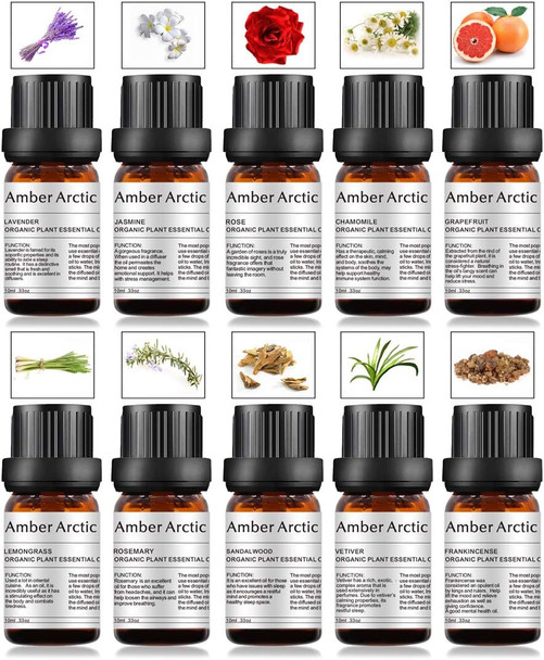 10 Essential Oil Set for Diffuser (Rose,Jasmine,Vetiver,Sandalwood,Chamomile,Lemongrass,Grapefruit,Frankincense,Lavender,Rosemary) 100% Pure Oil 10MLx10