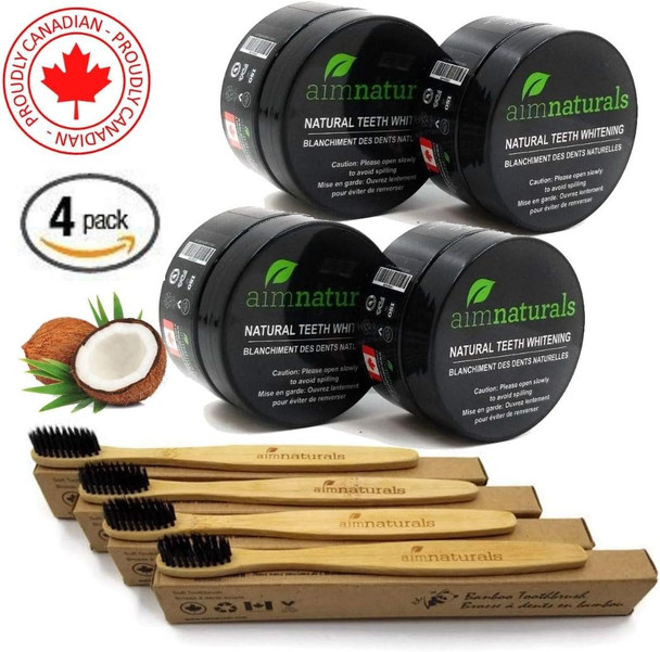 aimnaturals Natural Teeth Whitening Powder 4 Packs - Coconut Activated Charcoal - Effective Teeth Whitener + 4 Packs Bamboo Toothbrush + Benefits of Activated Charcoal Electronic Book Value Pack (4-Pack)