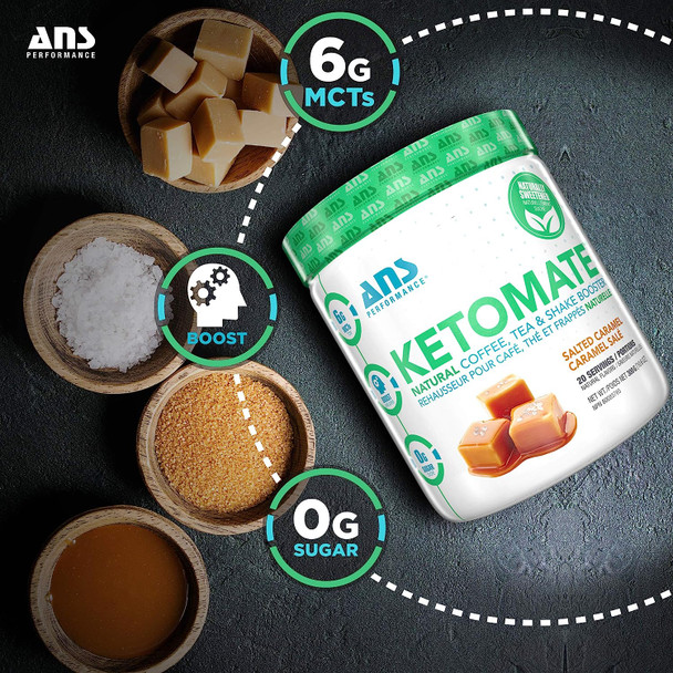 ANS Performance Ketomate Coffee Creamer With MCT Oil Powder, Delicious, Sugar Free Creamer For Coffee, Tea & Shakes, Perfect Keto Energy Powder, Milk Substitute, 20 Servings, 15oz, Salted Caramel