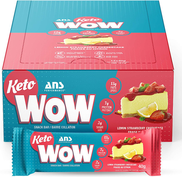 ANS Performance KetoWow Bars - Low Carb Protein Bars - Keto-Friendly - 3g Net Carbs & 1g Sugar - Gluten Free - Naturally Sweetened Nutrition Bars - Lemon Strawberry Cheesecake, 12 x 40g Bars Per Box