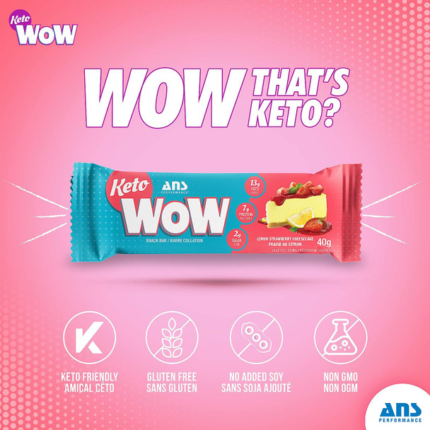 ANS Performance KetoWow Bars - Low Carb Protein Bars - Keto-Friendly - 3g Net Carbs & 1g Sugar - Gluten Free - Naturally Sweetened Nutrition Bars - Lemon Strawberry Cheesecake, 12 x 40g Bars Per Box