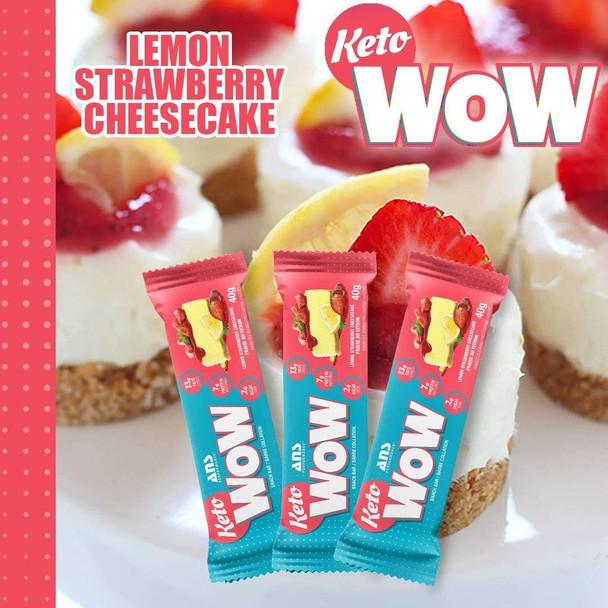 ANS Performance KetoWow Bars - Low Carb Protein Bars - Keto-Friendly - 3g Net Carbs & 1g Sugar - Gluten Free - Naturally Sweetened Nutrition Bars - Lemon Strawberry Cheesecake, 12 x 40g Bars Per Box