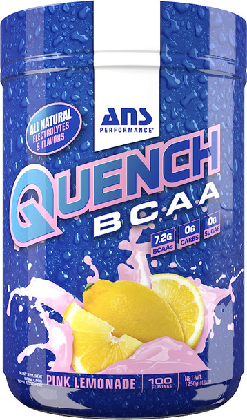 ANS Performance Quench BCAA Powder - Workout Muscle Recovery Drink - Dietary Supplement with Protein - No Added Sugar, Zero Carbs And Calories - 100 Servings, Pink Lemonade