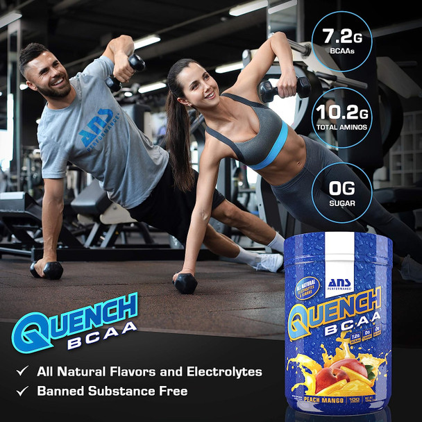 ANS Performance Quench BCAA Powder - Workout Muscle Recovery Drink - Dietary Supplement with Protein, Amino Acids - No Added Sugar, Zero Carbs And Calories - Keto-Friendly - 100 Servings, Peach Mango