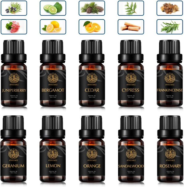 Aromatherapy Lemon Essential Oil Set for Diffuser, 100% Pure Orange Essential Oil Kit for Humidifier, 10x10ml Therapeutic Grade Essential Oils Set-Juniper Berry, Cedar, Cypress, Geranium,Rosemary Oil