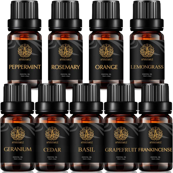 Aromatherapy Rosemary Essential Oil Set for Diffuser, 100% Pure Cedar Essential Oil Kit for Humidifier, 9x10ml Therapeutic Grade Essential Oils Set-Basil, Geranium, Grapefruit, Lemongrass, Orange Oil