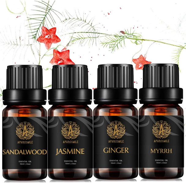 Aromatherapy Sandalwood Essential Oil Set for Diffuser, 100% Pure Jasmine Essential Oil Kit for Humidifier, 4x10ml Therapeutic Grade Myrrh Oil Set-Sandalwood Jasmine Myrrh Ginger Oil, Pure Ginger Oil