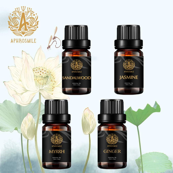 Aromatherapy Sandalwood Essential Oil Set for Diffuser, 100% Pure Jasmine Essential Oil Kit for Humidifier, 4x10ml Therapeutic Grade Myrrh Oil Set-Sandalwood Jasmine Myrrh Ginger Oil, Pure Ginger Oil