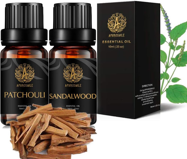 Aromatherapy Sandalwood Essential Oil Set for Diffuser, 100% Pure Patchouli Essential Oil Kit for Humidifier, 2x10ml Therapeutic Grade Essential Oils Set-Sandalwood Oil,Patchouli Oil for Home Massage