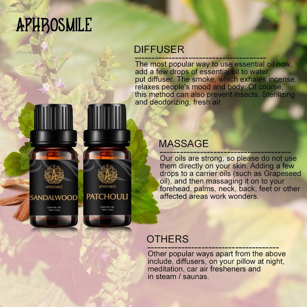 Aromatherapy Sandalwood Essential Oil Set for Diffuser, 100% Pure Patchouli Essential Oil Kit for Humidifier, 2x10ml Therapeutic Grade Essential Oils Set-Sandalwood Oil,Patchouli Oil for Home Massage