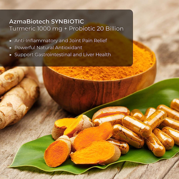 AzmaBiotech Synbiotic | Turmeric 500 mg + Probiotic 10 Billion | 60 Vegan Capsules
