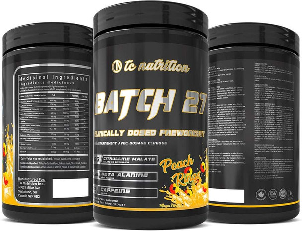 Batch 27 Pre Workout Powder - Nitric Oxide Booster & Nootropic Preworkout for Men and Women w/Citrulline, Beta Alanine, & More | Instant Strength, Energy, and Focus | Keto Friendly, 20sv Peach Rings