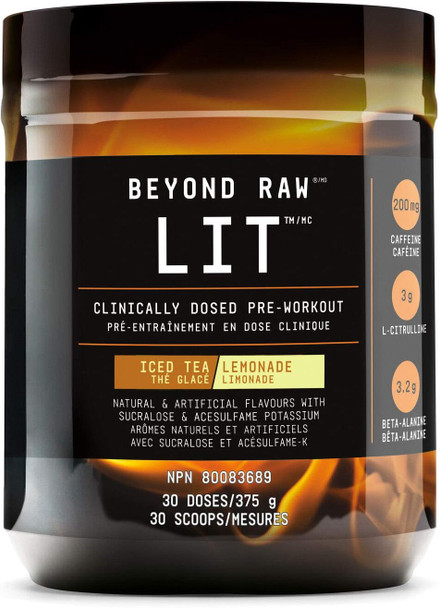 Beyond Raw Lit - Iced Tea Lemonade, 30 Servings, Preworkout Supplement Containing Caffeine, L-Citruline, Beta-Alanine and Nitrix Oxide