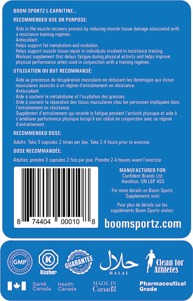 BOOM SPORTZ - 100% Pure Pharmaceutical Grade - L-CARNITINE Tartrate 240 Capsules 80 Servings