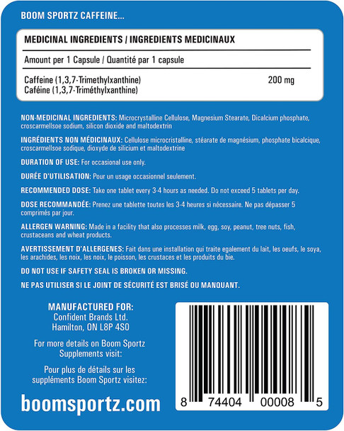 BOOM SPORTZ - CAFFEINE - 100% Pure  200 mg  500 Tablets/Servings