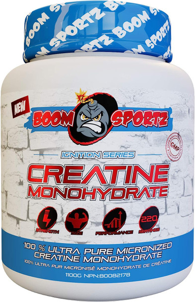 BOOM SPORTZ - Creatine Monohydrate Powder 100% Pure Micronized Creatine Monohydrate - Pharmaceutical Grade - 1100 Gram - 220 Servings