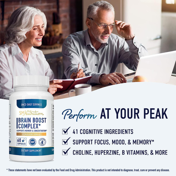 Brain Boost Complete - Brain, Memory and Focus Supplement*; Focus*, Concentration*, & Brain Function* Nootropic Support with DMAE, L-Glutamine, Bacopa Monnieri, Vitamins, Minerals, More (60 Capsules)