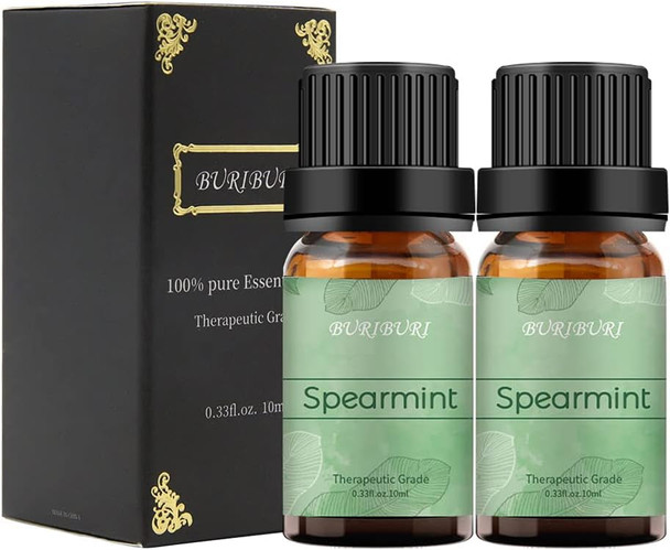 BURIBURI Spearmint Essential Oil - 2 Pack 100% Pure Organic Spearmint Essential Oils 10ML for Diffuser, Aromatherapy, Massage, Soap Making