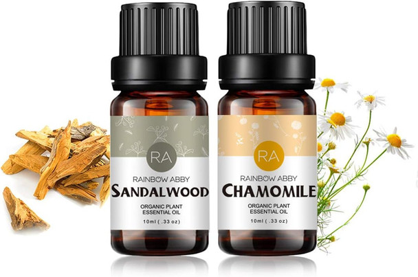 Chamomile Sandalwood Essential Oil Set Aromatherapy 100% Pure Organic Oils for Diffuser, Massage, Skin - 2 x 10ml