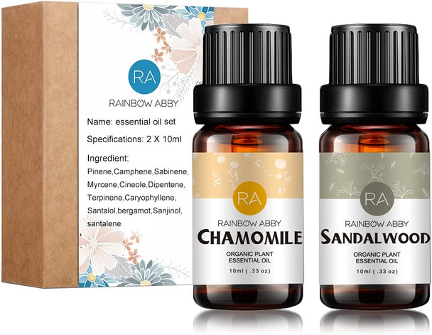 Chamomile Sandalwood Essential Oil Set Aromatherapy 100% Pure Organic Oils for Diffuser, Massage, Skin - 2 x 10ml