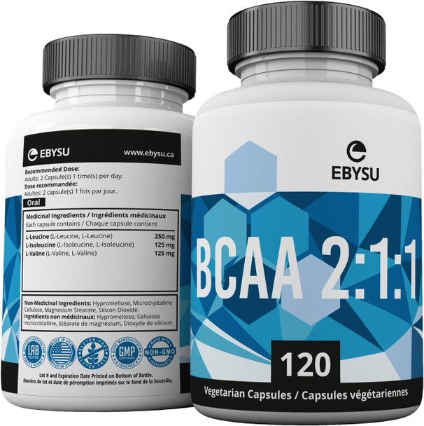 EBYSU BCAA Branched Chain Amino Acid Supplement  2:1:1 L-Leucine, L-Isoleucine, and L-Valine  120 Capsules