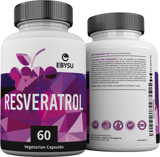 EBYSU Resveratrol - Antioxidant Supplement - Pomegranate, Green Tea, Quercetin, Grape Seed Extract and Acai - 60 Vegan Capsules