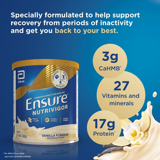 Ensure NutriVigor Protein Shake | Boost Energy and Help Support Recovery| Vitamin D Supplement with Protein, CaHMB and 27 Vitamins and Minerals | 400g | Vanilla Flavour Ensure NutriVigor Protein Shake | Boost Energy and Help Support Recovery| Vitamin D Supplement with Protein, CaHMB and 27 Vitamins and Minerals | 400g | Vanilla Flavour