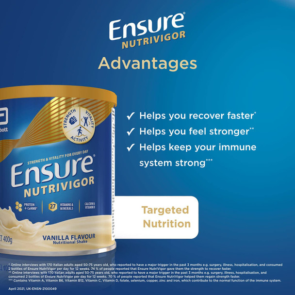 Ensure NutriVigor Protein Shake | Boost Energy and Help Support Recovery| Vitamin D Supplement with Protein, CaHMB and 27 Vitamins and Minerals | 400g | Vanilla Flavour