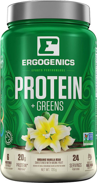Ergogenics Plant Protein +Greens Vanilla (720 Gram, 24 Servings) - Best Plant-Based Protein to Build Muscle - Organic, Nutrient Rich, Gluten Free, Non Dairy, Vegan, Non Soy & Pea, Non GMO, Zero Sugar