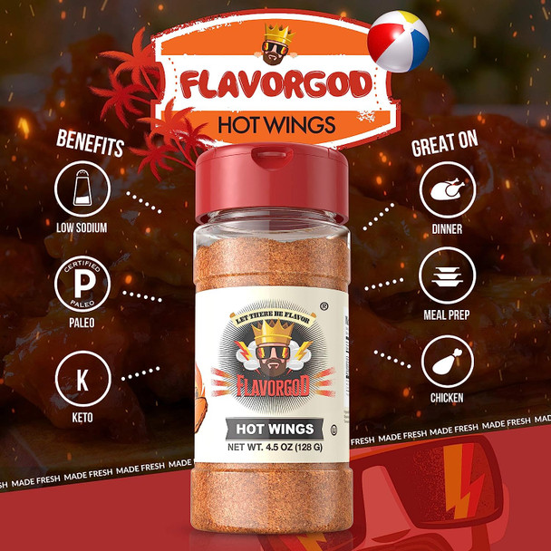 Flavor God Gluten Free Zero Calories Seasoning - Great for Meal Prep, Diet (Hot Wing Seasonings) 128 gram