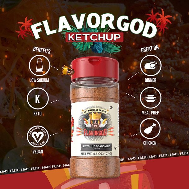 Flavor God Gluten Free Zero Calories Seasoning - Great for Meal Prep, Diet (Ketchup Seasonings) 127 gram