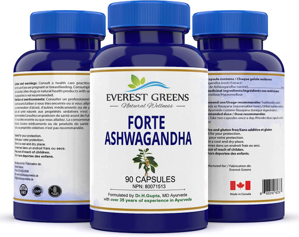 Forte Ashwagandha Root Extract (600 Mg) 90 Vegetarian capsules- Stress Relief - Traditionally Used in Ayurveda as Rasayana (Rejuvenative Tonic) Natural Health Product.