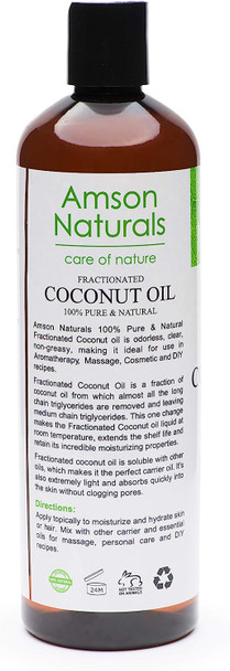Fractionated Coconut Oil 16 oz -Pure & Natural Premium Grade-by Amson Naturals - for Body Skin, Hair, Relaxing Massage, Aromatherapy Carrier Oil for Diluting Essential Oils, Moisturizer & Softener