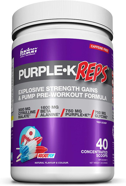 Fusion Muscle PURPLE K REPS - Explosive Strength Gains and Pump PRE-WORKOUT Formula - ROCKET POP, 40 Servings