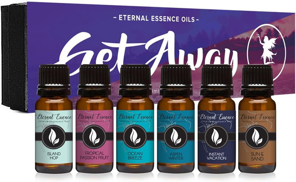 Get Away Gift Set of 6 Premium Grade Fragrance Oils - Island Hop, Ocean Breeze, Tropical Passion Fruit, Aspen Winter, Instant Vacation, Sun & Sand - 10Ml - Scented Oils Get Away Gift Set of 6 Premium Grade Fragrance Oils - Island Hop, Ocean Breeze, Tropical Passion Fruit, Aspen Winter, Instant Vacation, Sun & Sand - 10Ml - Scented Oils
