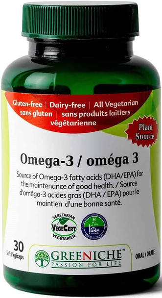 Greeniche Natural Omega-3 Supplement 30 Capsules Source of Omega-3 Fatty Acids DHA/EPA Plant Based Formula One Capsule a day 100% vegetarian Gluten  NON-GMO Halal & Kosher